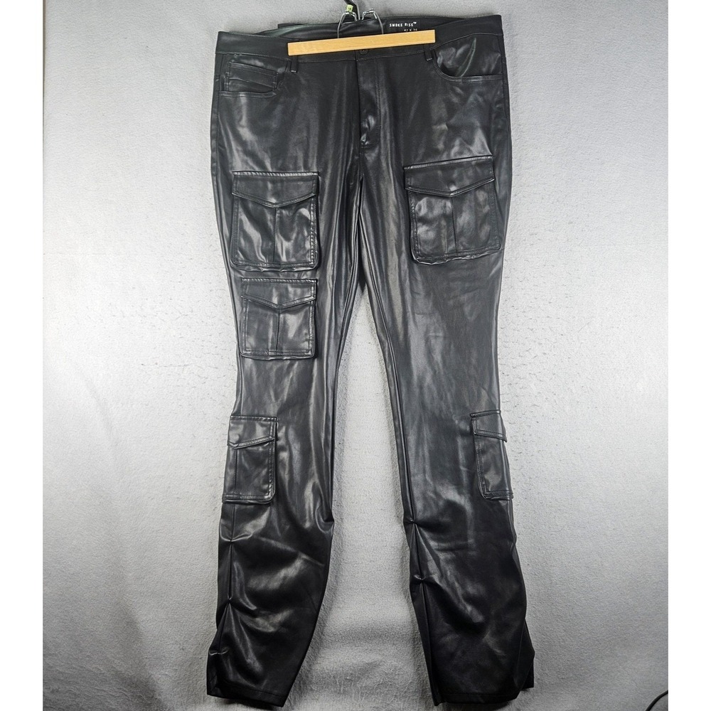Smoke Rise Cargo Pants Mens 42x36 Black Faux Leather Streetwear Pockets Utility